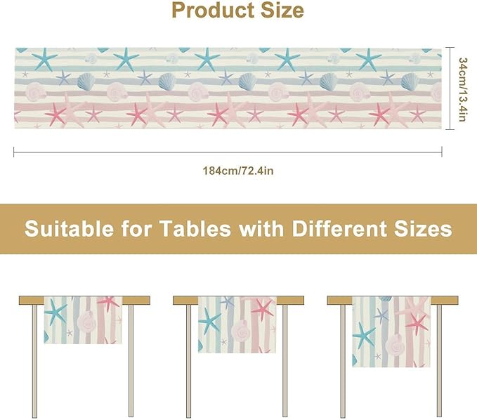 Coastal Starfish Kitchen Table Runner, Colorful Watercolor Blue and Pink Stripe - Image 3