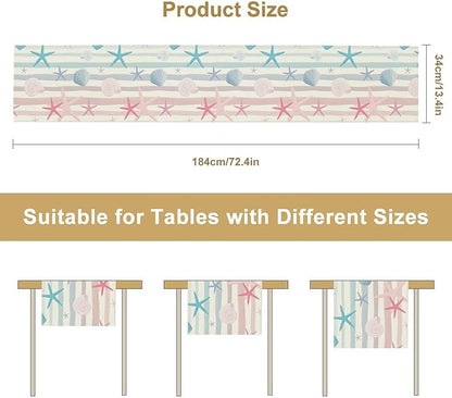 Coastal Starfish Kitchen Table Runner, Colorful Watercolor Blue and Pink Stripe - Image 3