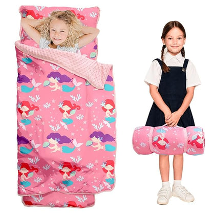 Toddler Nap Mat with Pillow and Minky Blanket, Large 55"x35" Sleeping Bag by Beavtaens
