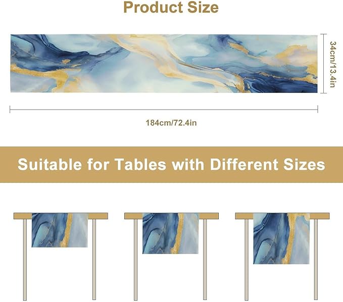 Marble Table Runner, Modern Grey Blue Gold Abstract Table Dresser Runners - Image 3
