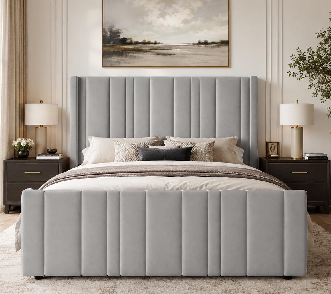 hombck bed frame queen size with velvet headboard, package contents