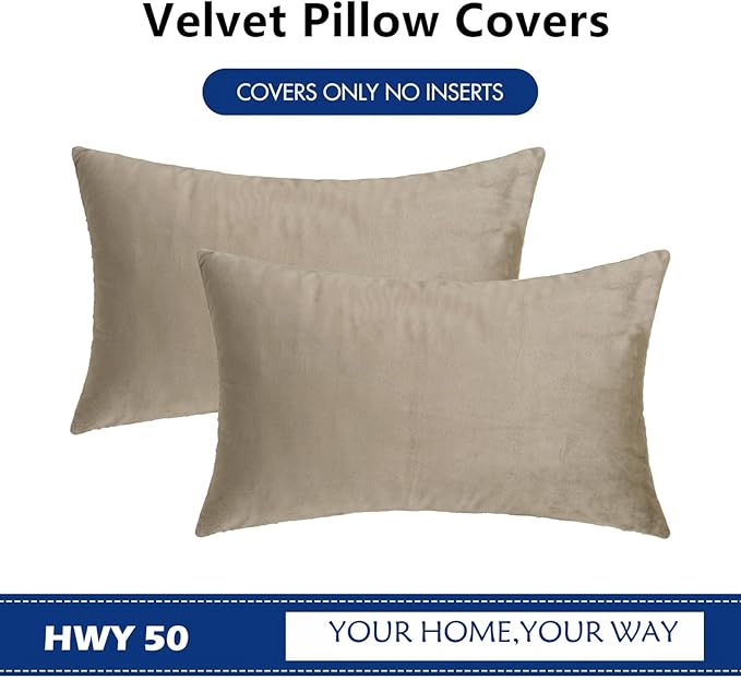HWY 50 Taupe Velvet Rectangular Throw Pillow Covers 12x20 Inch - Image 6