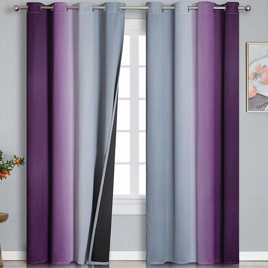 Purple and Grey Blackout Curtains 84 Inches Long, Ombre and Wavy Line Pattern by ESTELARTEXTILER