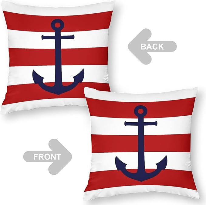 Myshe Square Nautical Navy Blue Anchor On Red Stripes Throw Pillow Cover - Image 4