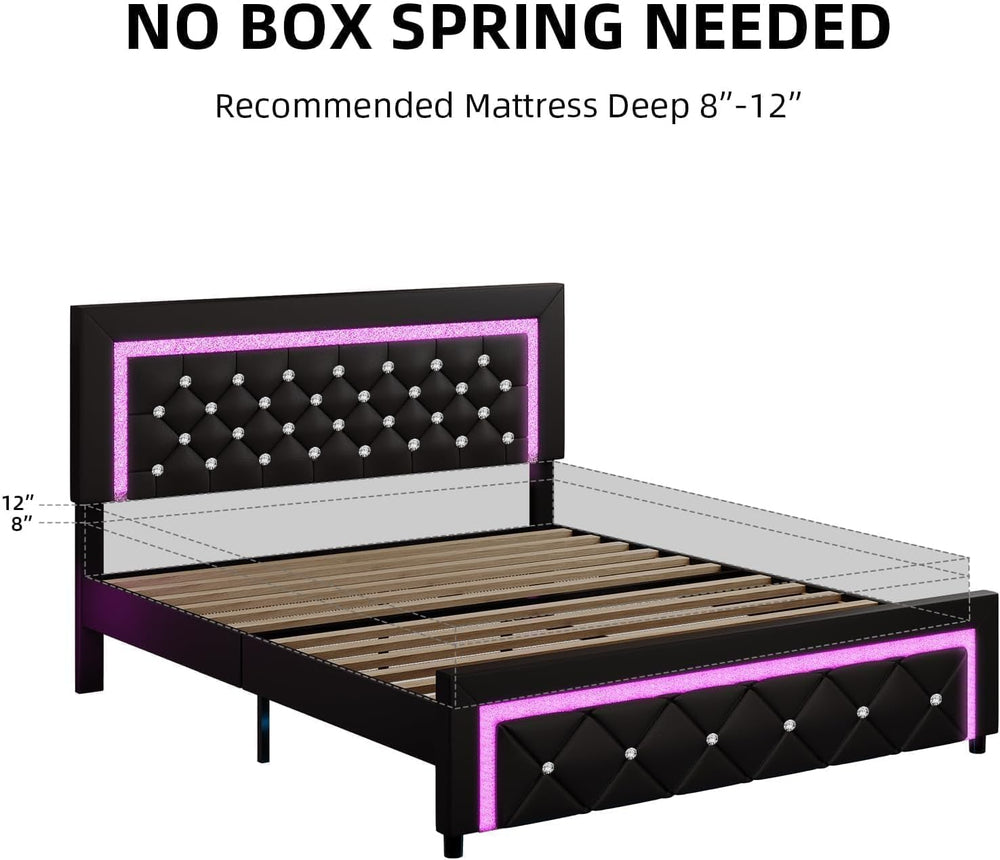 Full Bed Frame with LED Lights, Diamond Tufted Headboard, Black