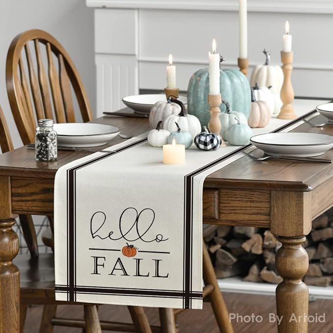 Artoid Mode Hello Fall Pumpkin Table Runner, Seasonal Harvest Vintage - Image 3