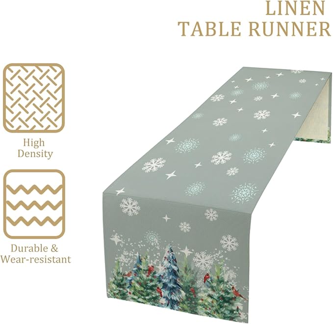 Christmas Snow Tree Table Runner, Birds Linen Farmhouse Table Runners, Merry - Image 3