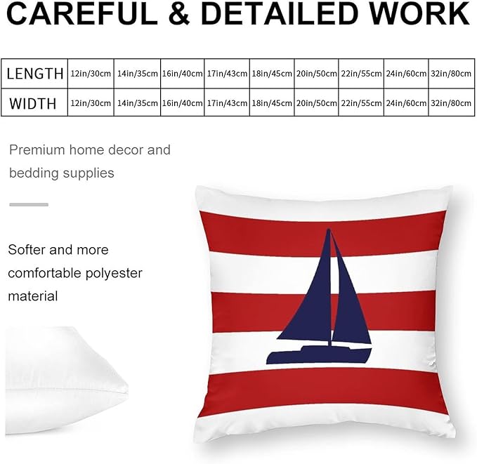 Myshe Square Nautical Navy Blue Sailboat On Red Stripes Throw Pillow Cover - Image 2