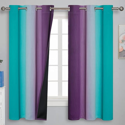 Teal and Purple Gradient Curtains 63 Inch Length 2 panels, Ombre and Wavy Line - Image 2