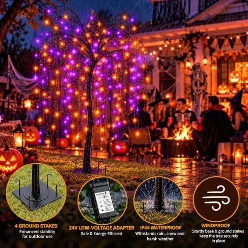 LIGHTSHARE 7 Feet Halloween Willow Tree, 256 LED Lights for Home, Festival, Nativity,Party, and Christmas Decoration,Includes Spiders and White Cobweb,Indoor Outdoor Use,Orange & Purple