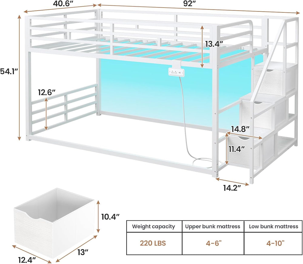 ADORNEVE Low Bunk Bed Twin Over Twin with Storage Stairs, White