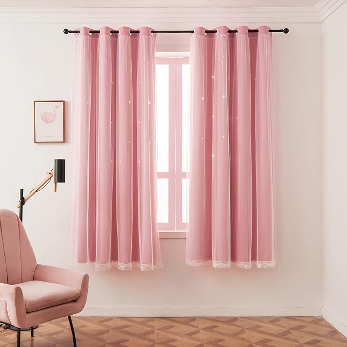 Pink Curtains for Girls Bedroom Kids Baby Room Decor Cute Double Layer Star - Image 2