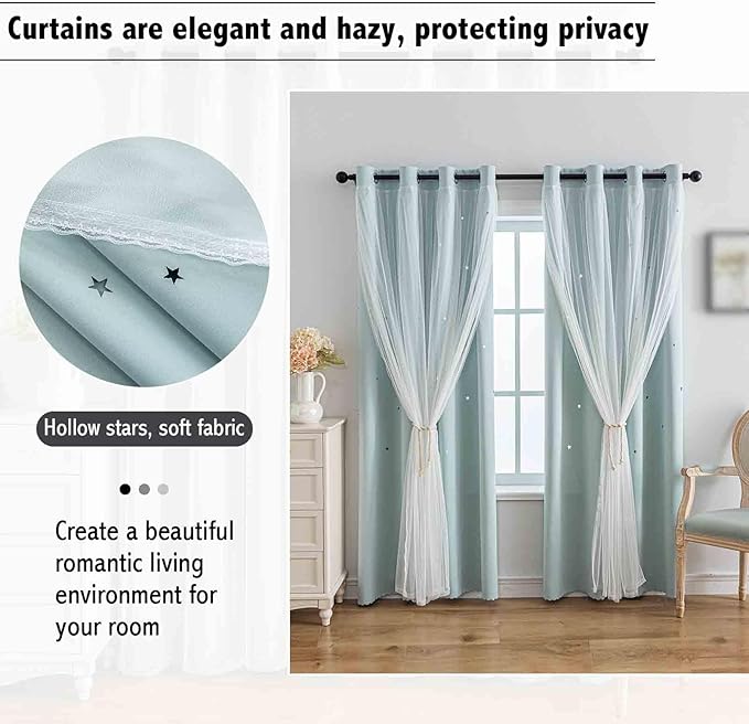 Anytime Romantic Kids Curtain, Hollow-Out Stars Window Curtain Double Layer - Image 7