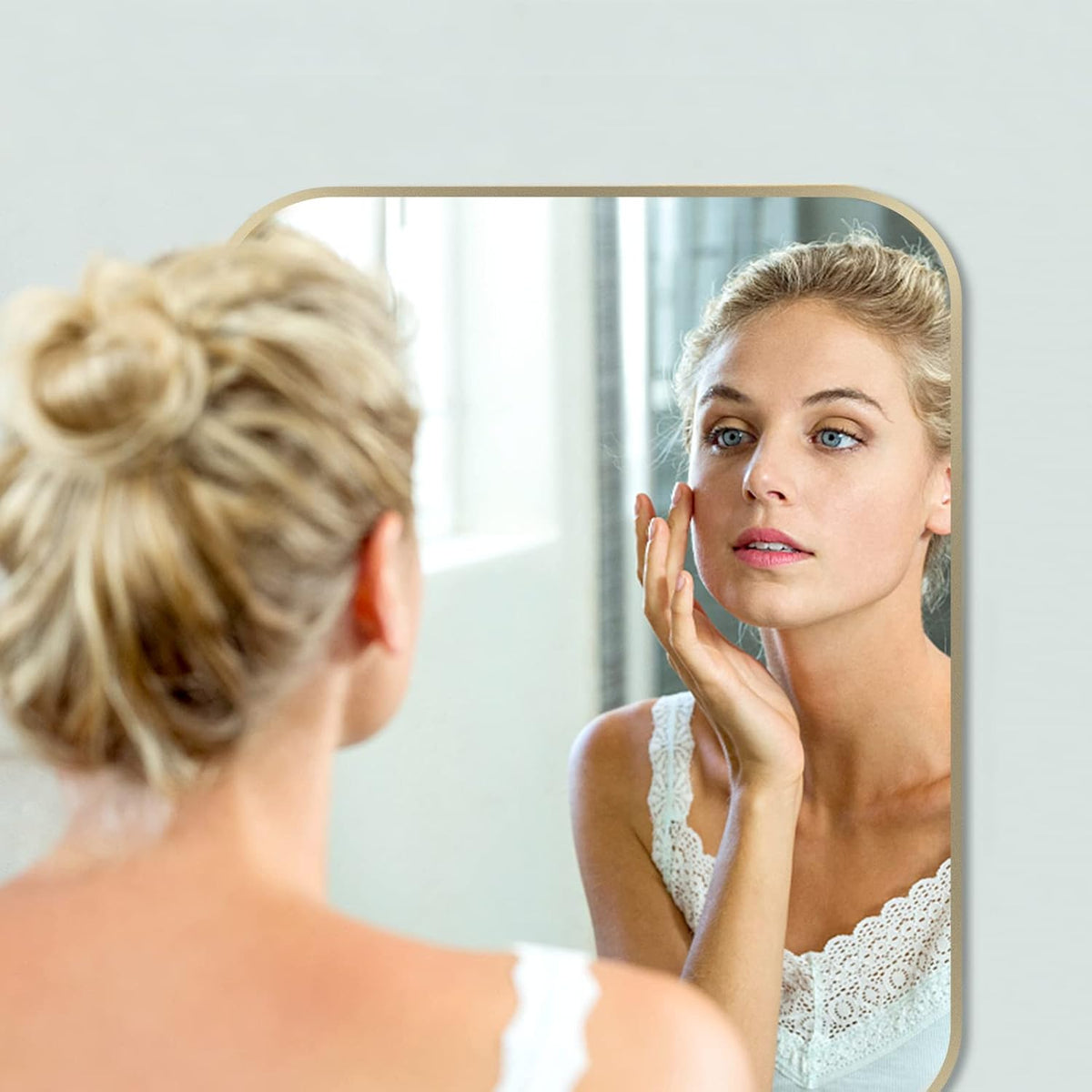 24x36 inch gold bathroom mirror, brushed brass gold, close-up detail