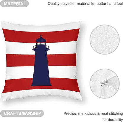 Myshe Square Nautical Navy Blue Lighthouse On Red Stripes Throw Pillow Cover - Image 3