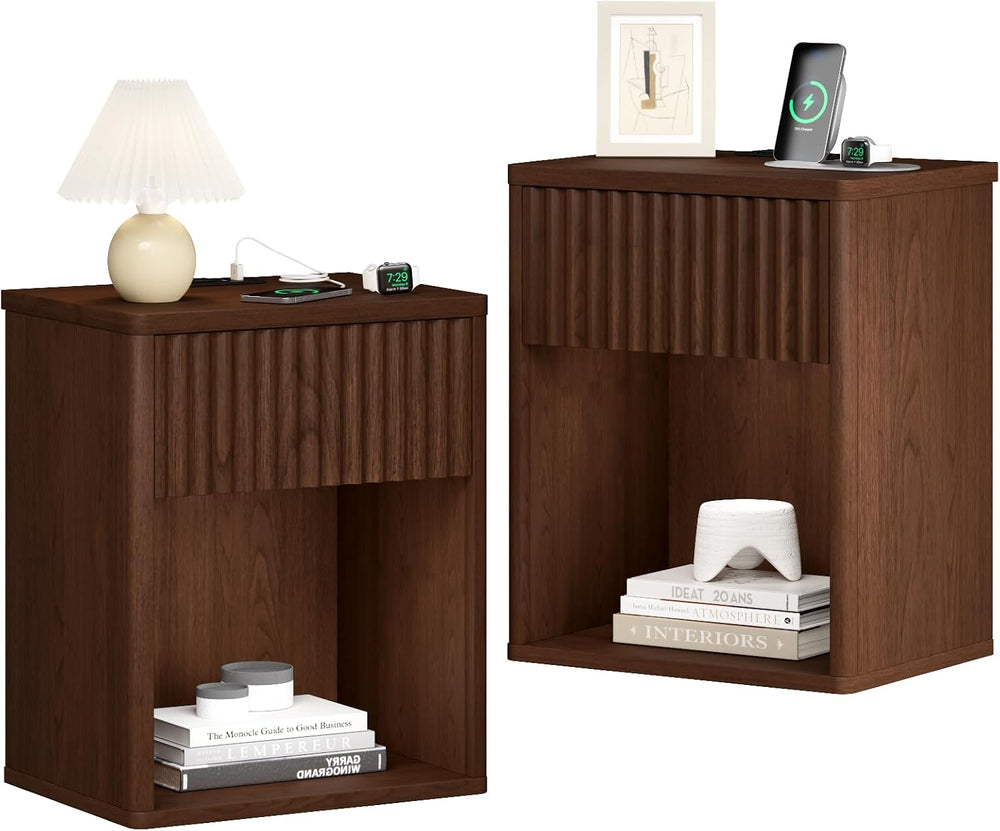 Fluted Nightstands Set of 2 w/Charging Station, Wooden End Table Bed Side Tab...