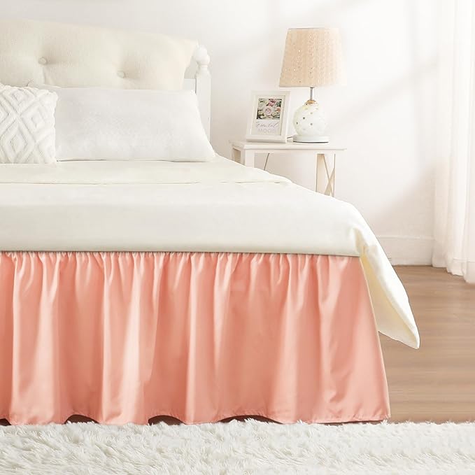 RIMELA Peachy Coral Bed Skirt Queen Size 15 Inch Drop, Elastic Bed Skirting by RIMELABedSkirt