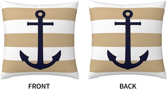 Myshe Square Nautical Navy Blue Anchor On Tropical Tan Stripes Throw Pillow - Image 3