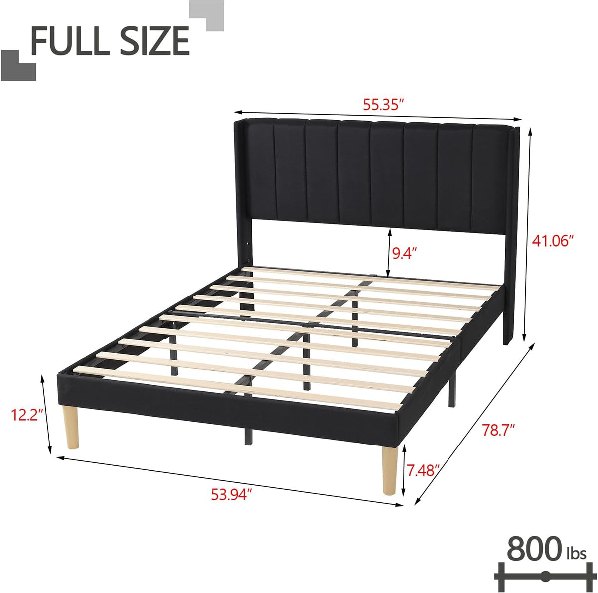 full size bed frame with linen upholstered headboard shown in use