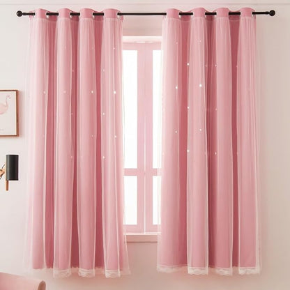Pink Blackout Curtains for Girls Bedroom Cute- Aesthetic Star Cutout Double - Image 5
