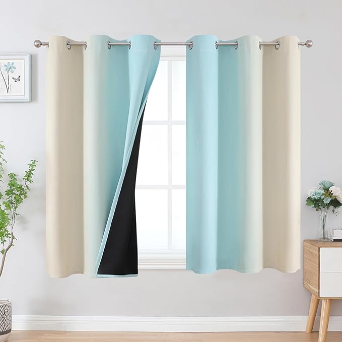 Estelar Textiler Beige and Aqua Ombre Blackout Curtains 45 Inch Length 2 Panels - Image 2