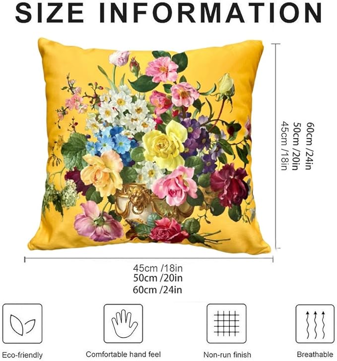 Yellow Floral Pillow Covers 18x18, Vintage Flower Plush Throw Pillow Case - Image 2