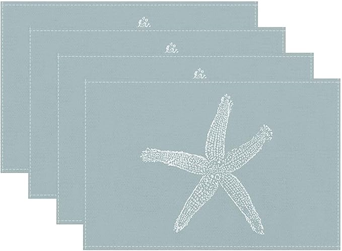 Summer Coastal Placemats Set of 4, Beach Theme Ocean Seafoam Blue Starfish by Sunshineyan