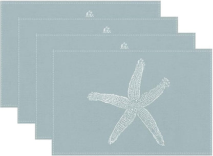 Summer Coastal Placemats Set of 4, Beach Theme Ocean Seafoam Blue Starfish by Sunshineyan