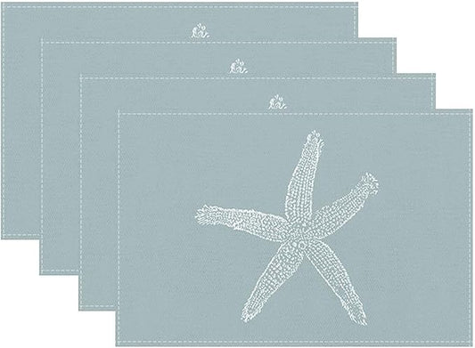 Summer Coastal Placemats Set of 4, Beach Theme Ocean Seafoam Blue Starfish by Sunshineyan