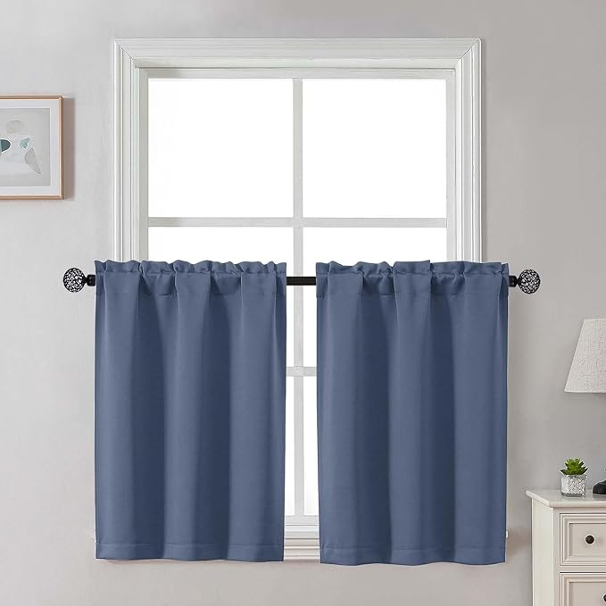 Gwine Denim Blue Blackout Curtains 30 Inch Length, Short Kitchen Curtains by Gwine