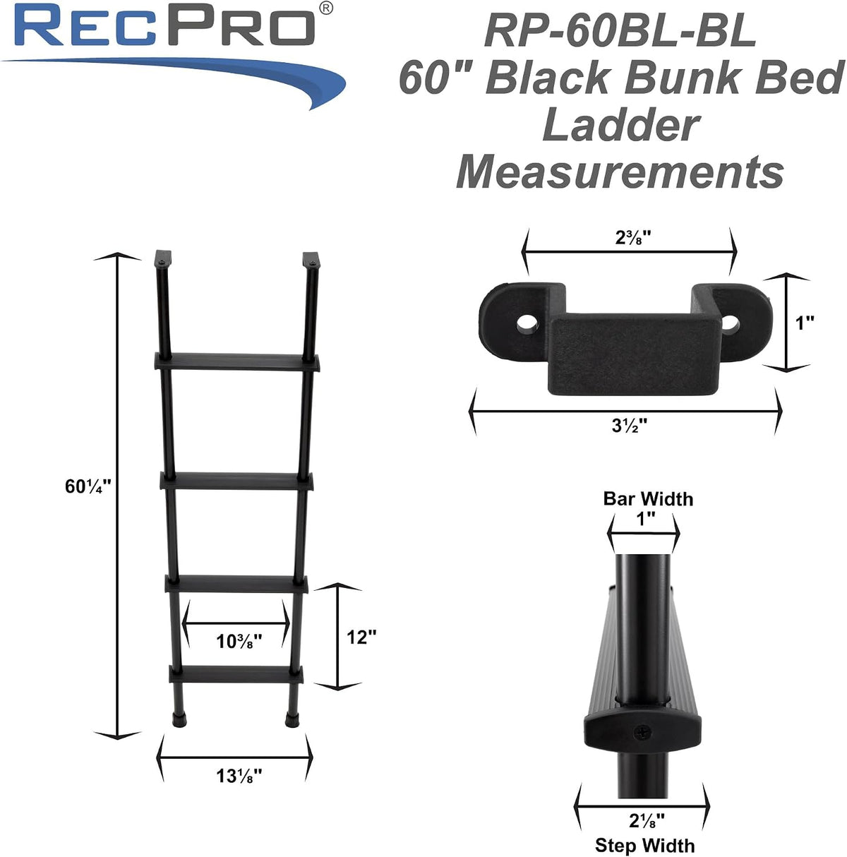 recpro rv bunk ladder 60" | black or, side view