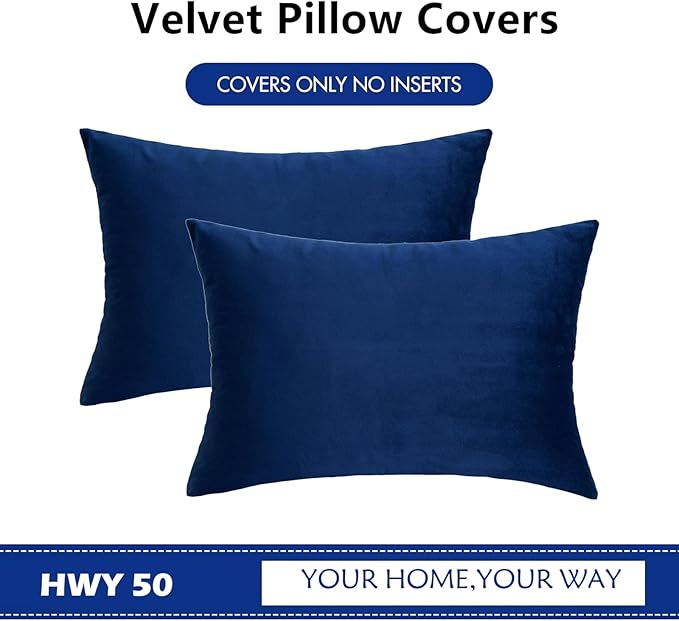 HWY 50 Navy Blue Velvet Rectangular Throw Pillow Covers 12x20 Inch - Image 6