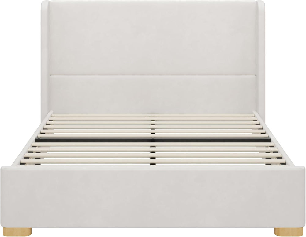 Queen Size Upholstered Platform Bed Frame with Wingback Headboard