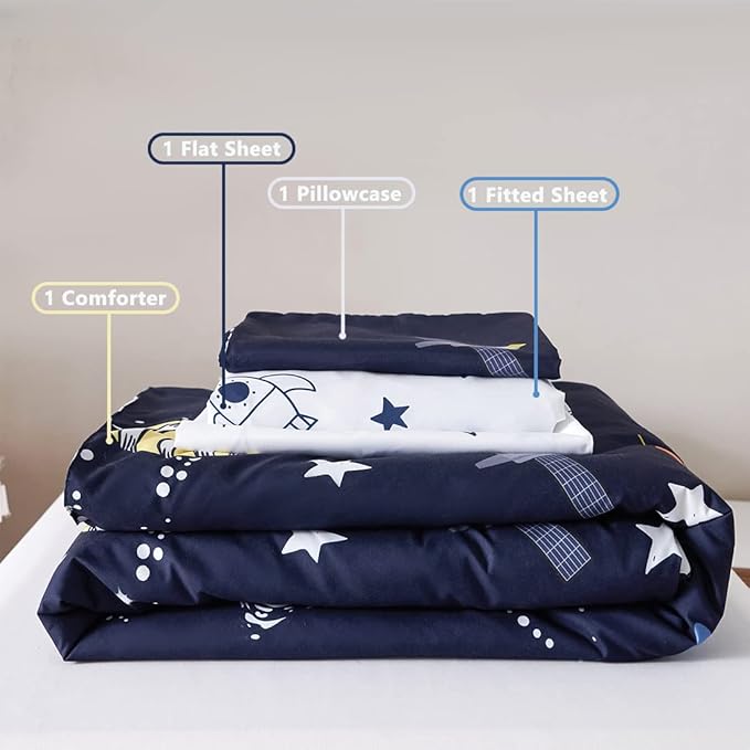 PERFEMET 4 Pcs Toddler Bedding Dark Blue Outer Space Printed Toddler Bed Set - Image 7