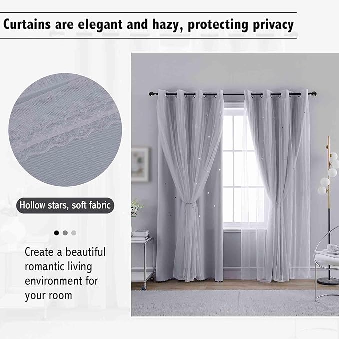 Anytime Romantic Kids Curtain, Hollow-Out Stars Window Curtain Double Layer - Image 7