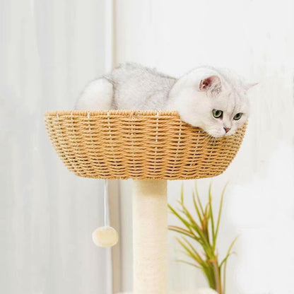 shengocase cat tree tower with rattan wicker basket shown in use