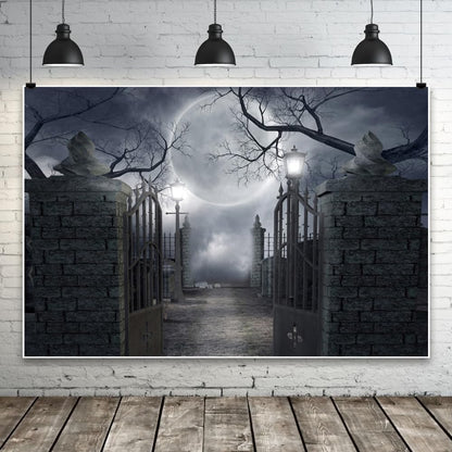 10x8ft Halloween Full Moon Cemetery Forest Photo Backdrop Decor