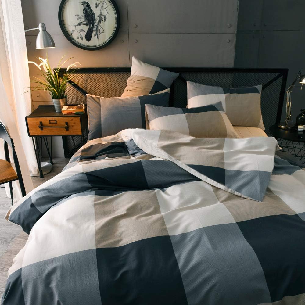 lifetb california king comforter set modern style plaid, close-up detail