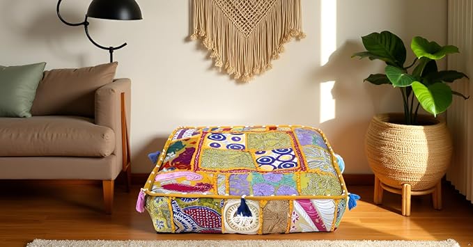 CRAFT KALA Indian Square Patchwork Traditional Pouf Cover Indian Living Room - Image 6