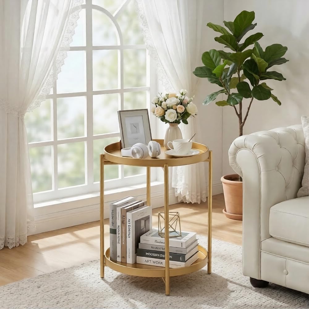 TeoKJ 2 Tier Gold Side Table, Folding Round Metal End Table Small Nightstand ...