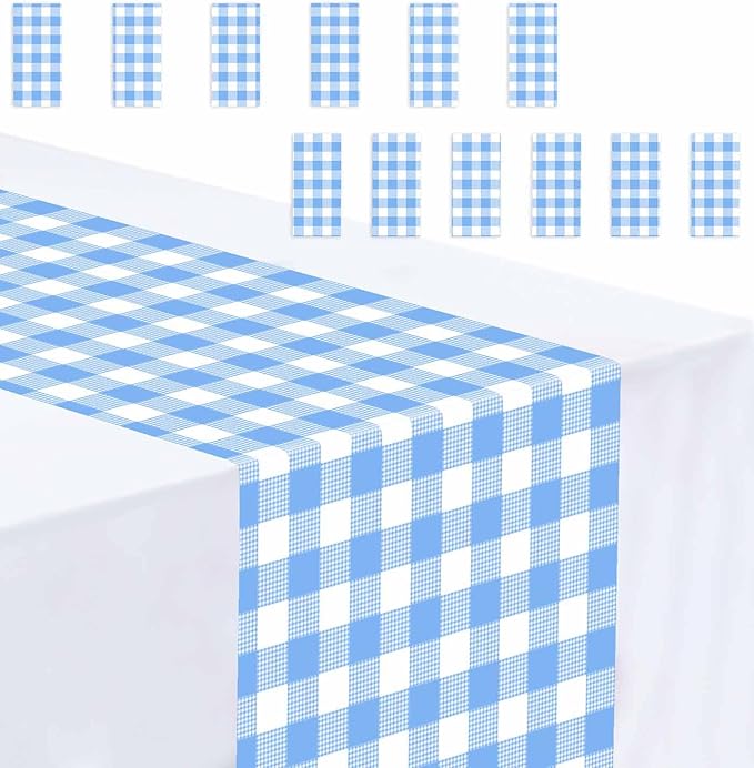 12 Pcs Light Blue and White Checkered Table Runner Plastic 14 x 108 Disposable by MUNILAIL