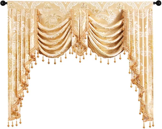 ELKCA Golden Jacquard Swag Waterfall Valance Luxury Curtain Valance - Image 9