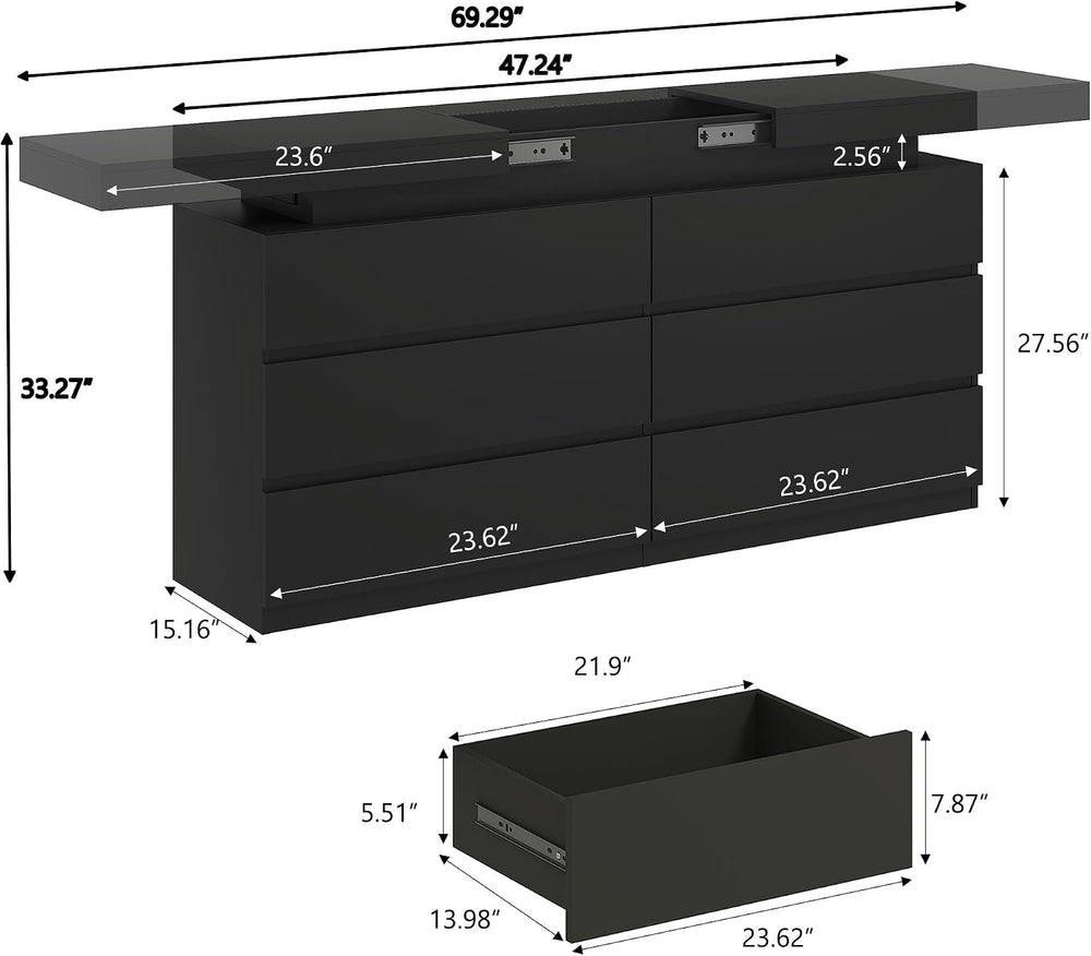 6 Drawer Dresser for Bedroom Black Dresser with Hidden Sliding Desktop