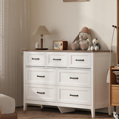 gizoon farmhouse 7 drawers dresser, white chest of, front angle view