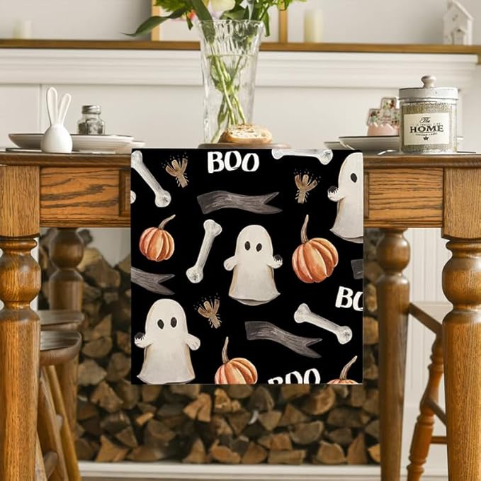 LTLYH Halloween Table Runner 13 x 72 Inch, Cute Ghost Pumpkin Bones Boo Pattern - Image 3