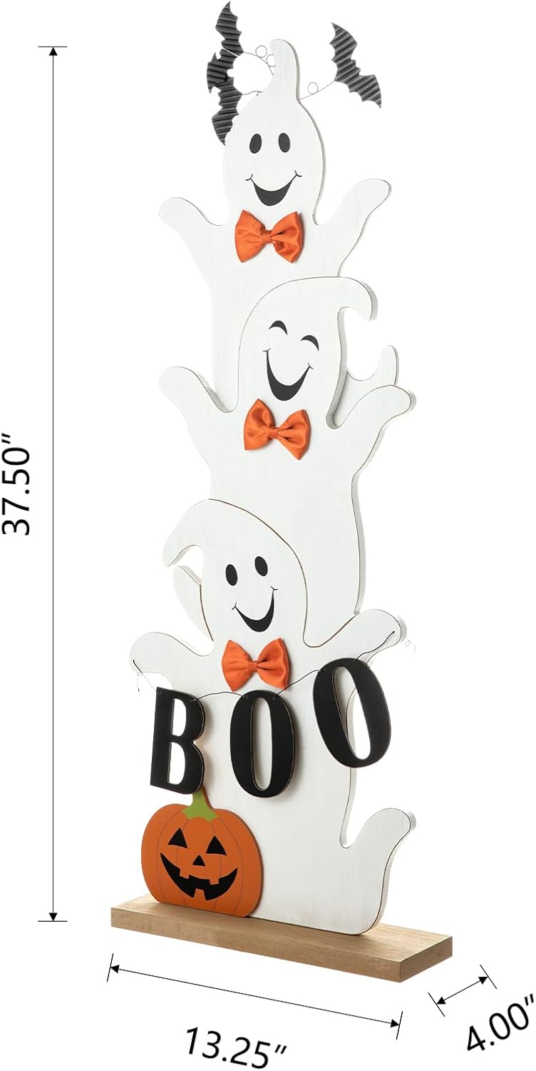 Glitzhome 37.5'H Halloween Wooden Stacked Ghost Porch Sign, Farmhouse Ghost Standing Decor with Base, Rustic Welcome Sign for Home Party Decor