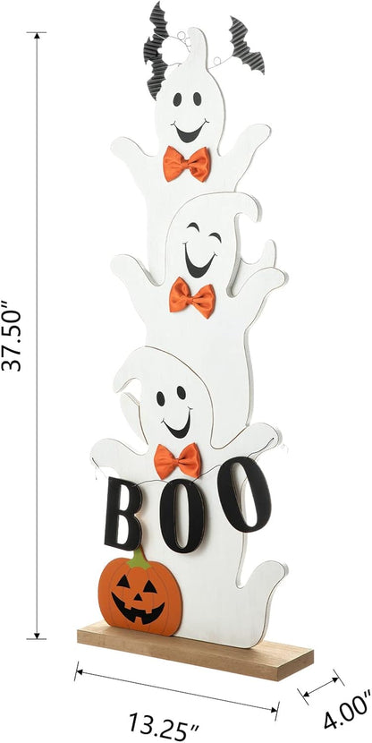 Glitzhome 37.5'H Halloween Wooden Stacked Ghost Porch Sign, Farmhouse Ghost Standing Decor with Base, Rustic Welcome Sign for Home Party Decor
