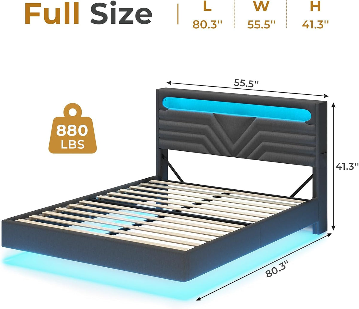 hauoms led floating bed frame full size with showing dimensions