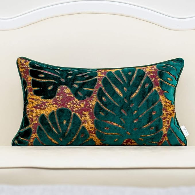 Alerfa 12 x 20 Inch Rectangle Leaf Pillow Embroidery Cut Velvet Cushion Case by Alerfa