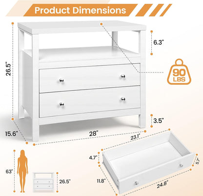 28 inch wide night stand, white nightstand with shown in use